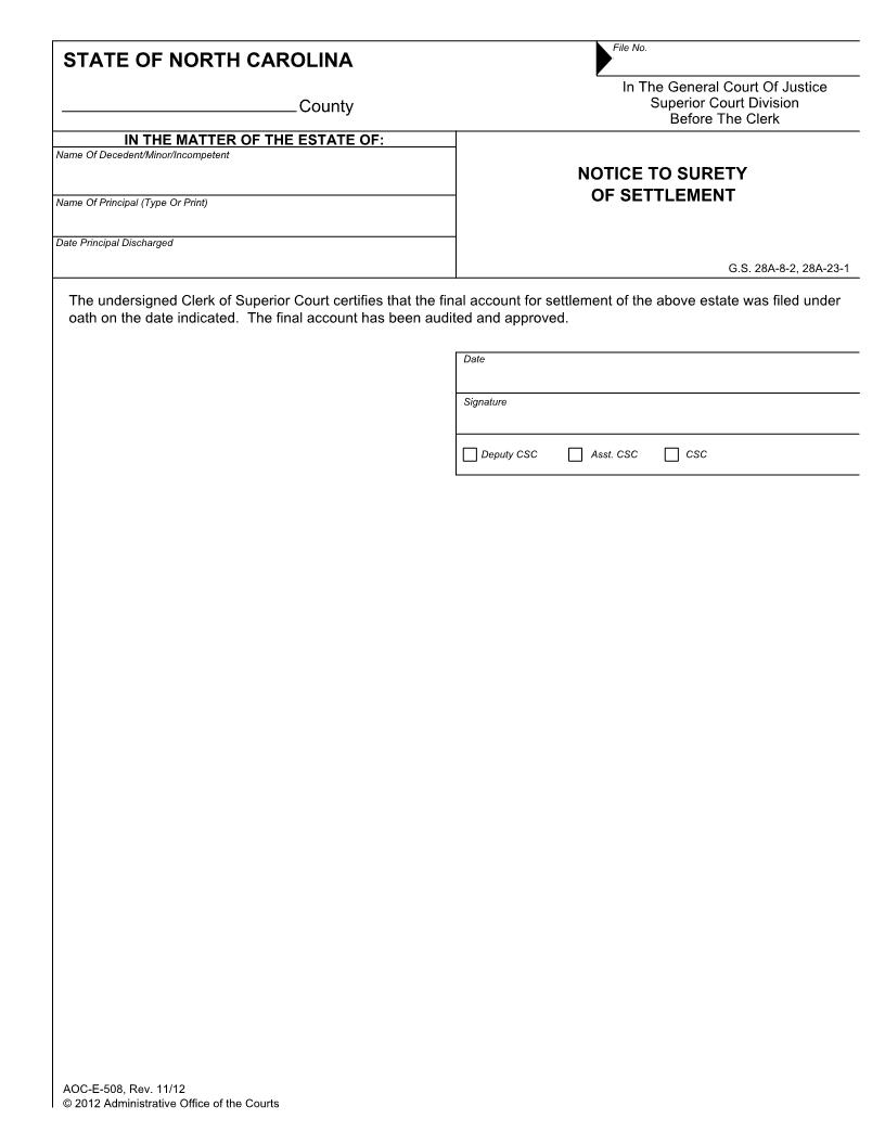 Notice To Surety Of Settlement {E-508} | Pdf Fpdf Docx | North Carolina
