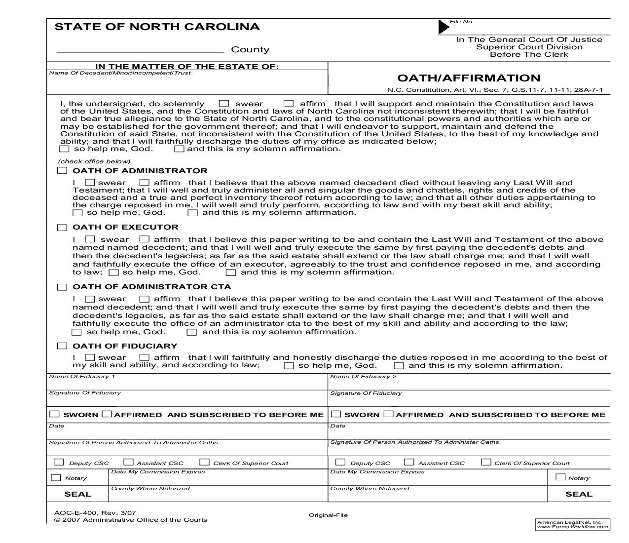 Oath Affirmation {E-400} | Pdf Fpdf Doc Docx | North Carolina
