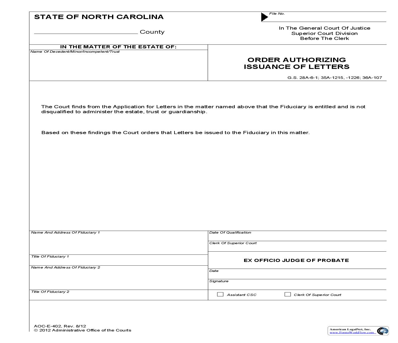 Order Authorizing Issuance Of Letters {E-402} | Pdf Fpdf Doc Docx | North Carolina