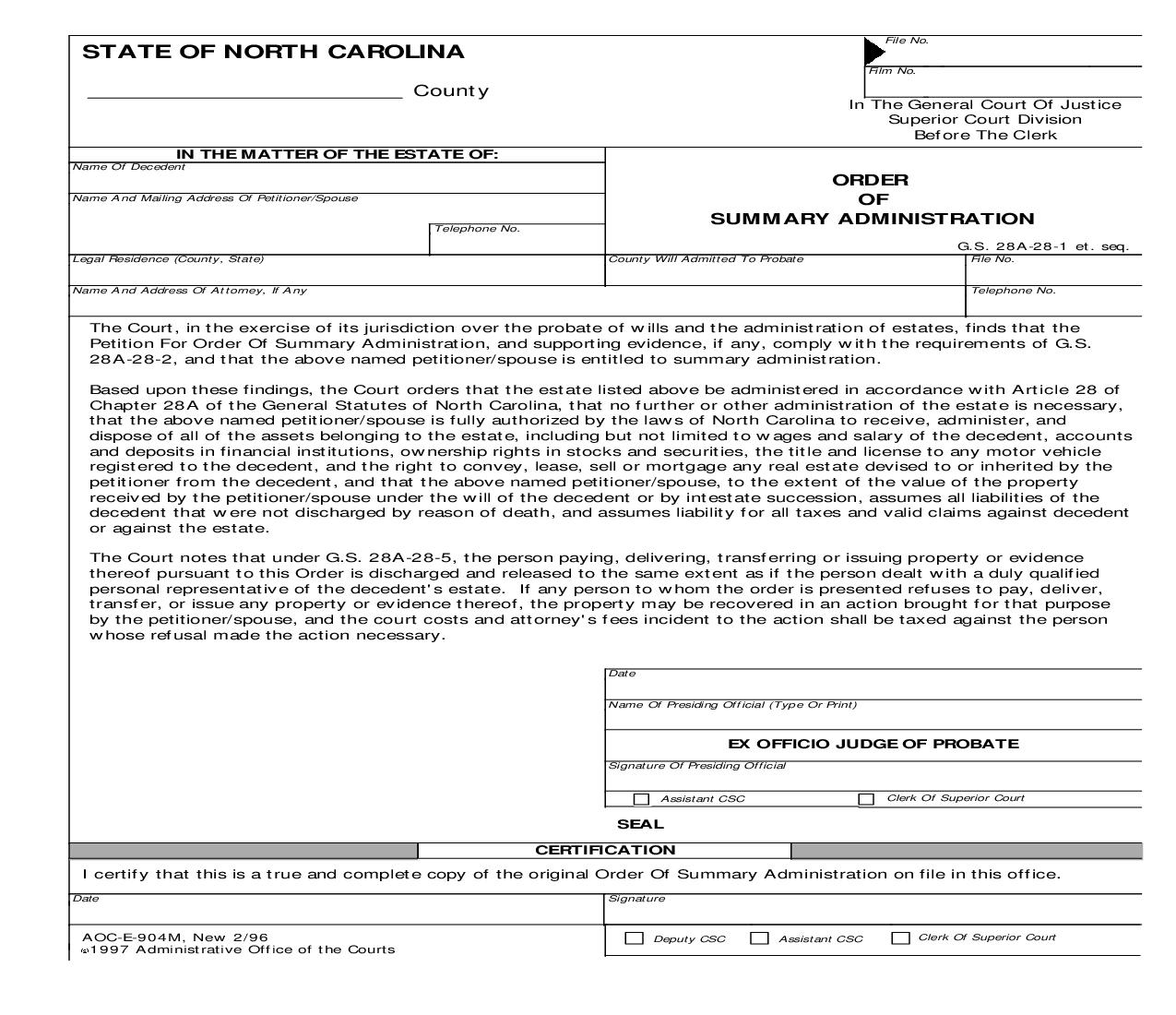 Order Of Summary Administration {E-904M} | Pdf Fpdf Doc Docx | North Carolina