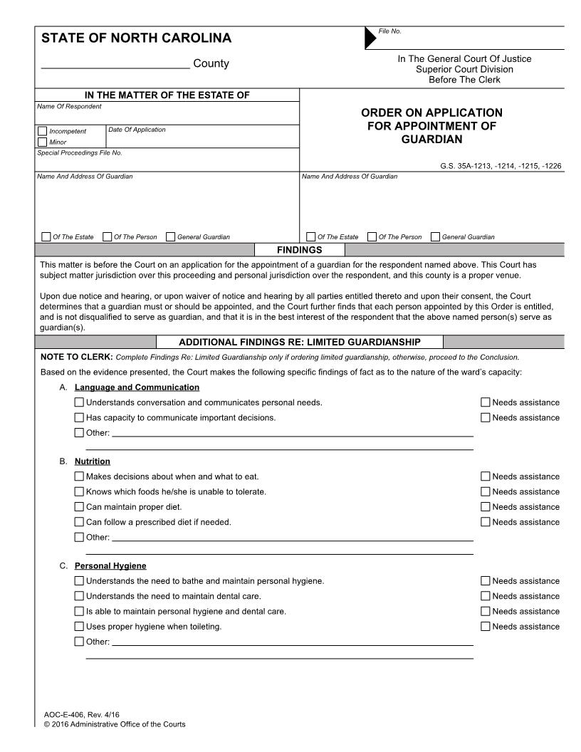 Order On Application For Appointment Of Guardian {E-406} | Pdf Fpdf Docx | North Carolina