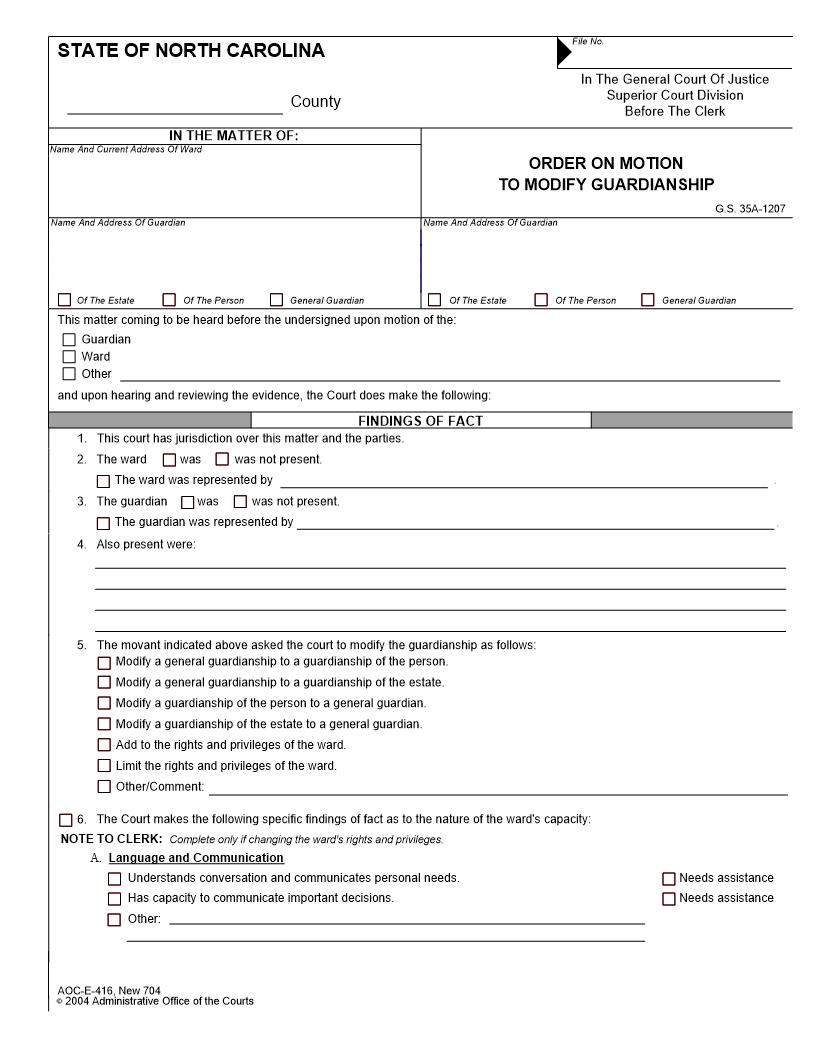 Order On Motion To Modify Guardianship {E-416} | Pdf Fpdf Docx | North Carolina