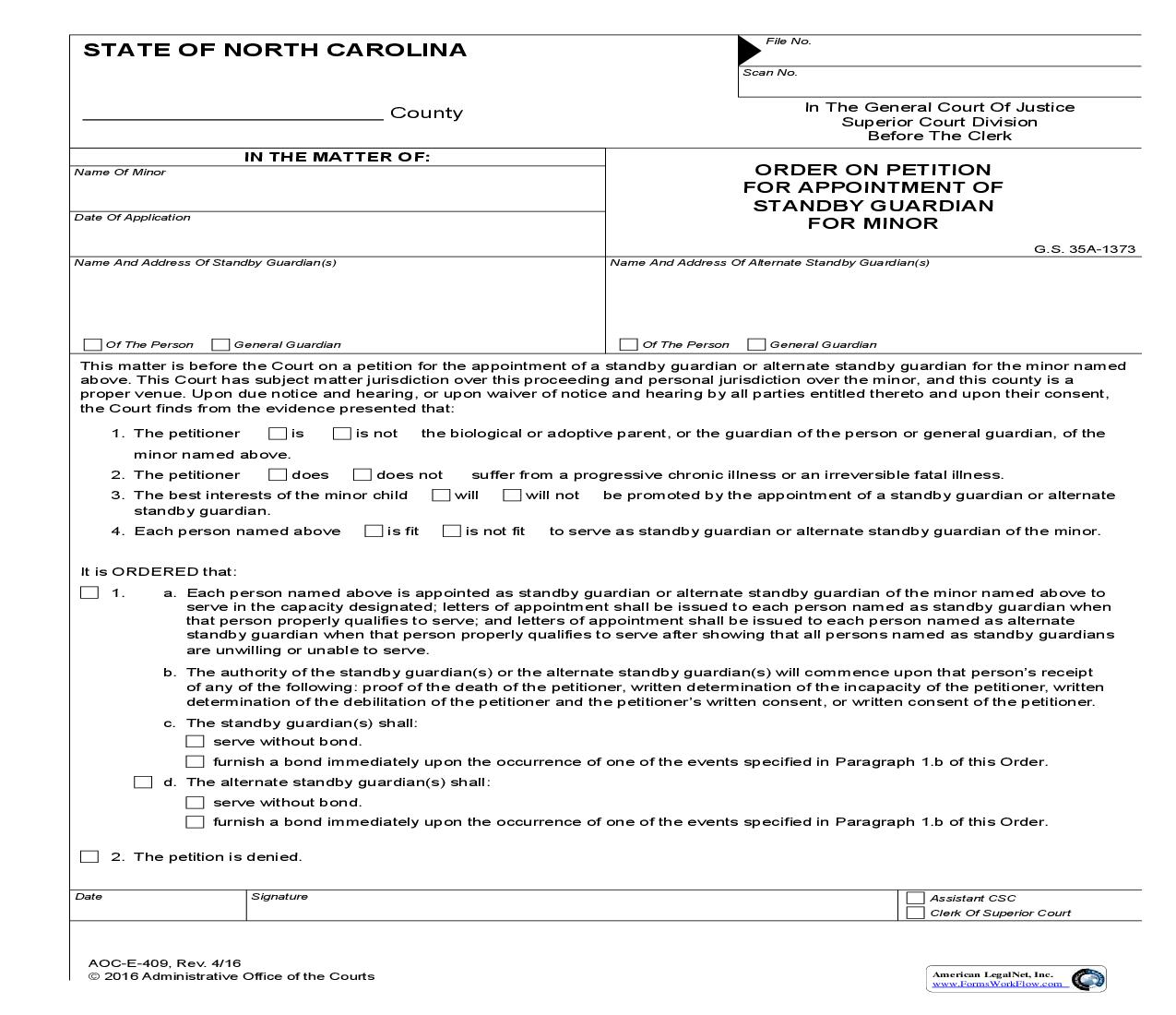 Order On Petition For Appointment Of Standby Guardian For Minor {E-409} | Pdf Fpdf Doc Docx | North Carolina