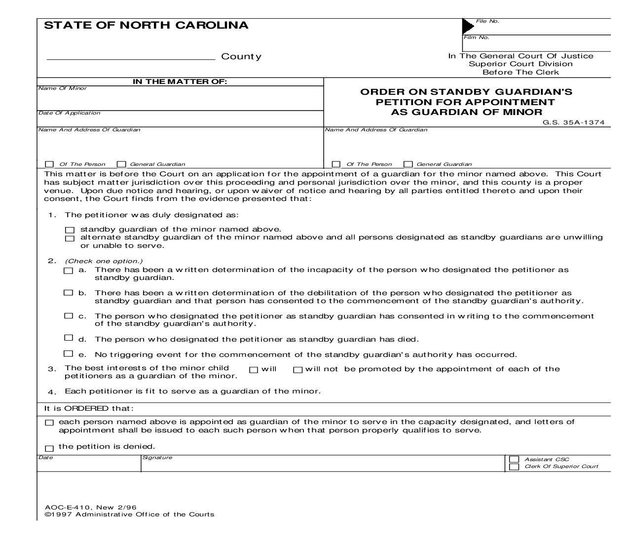 Order On Standby Guardians Petition For Appointment As Guardian Of Minor {E-410} | Pdf Fpdf Doc Docx | North Carolina