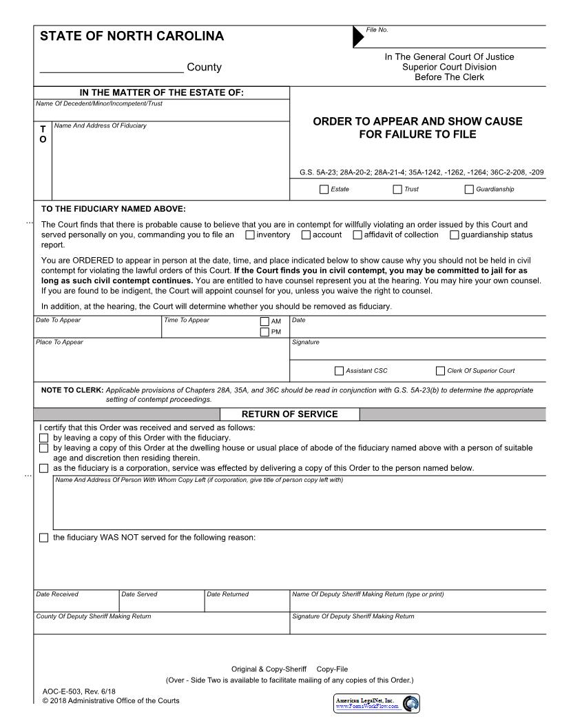 Order To Appear And Show Cause For Failure To File Inventory Account {E-503} | Pdf Fpdf Docx | North Carolina