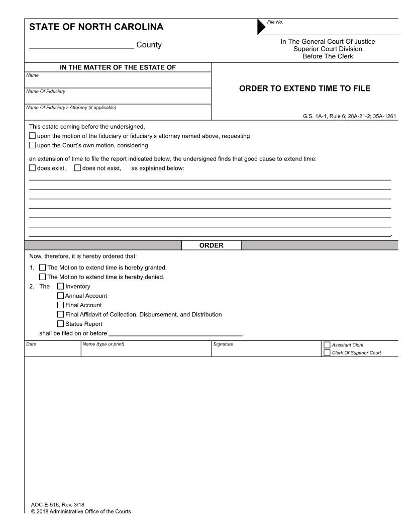 Order To Extend Time To File {E-516} | Pdf Fpdf Docx | North Carolina