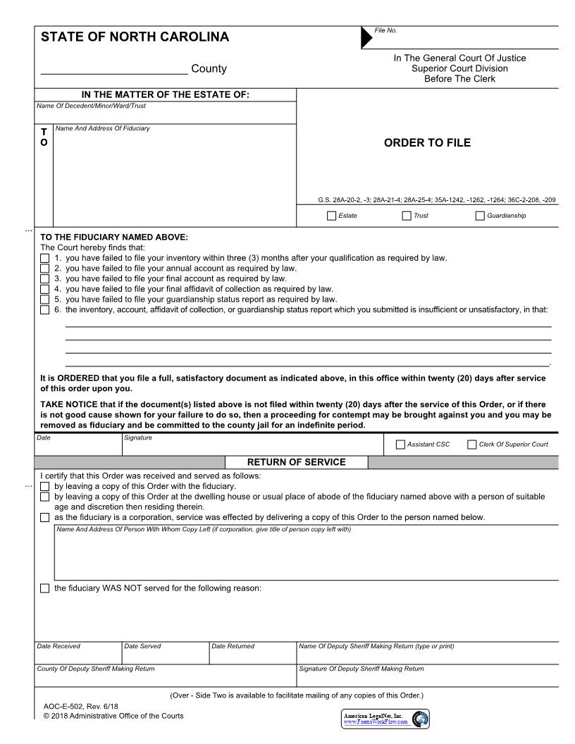 Order To File Inventory Or Account {E-502} | Pdf Fpdf Docx | North Carolina