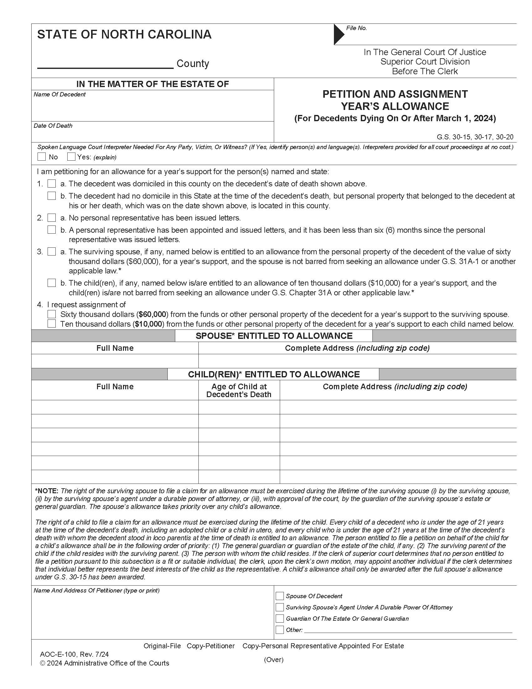 Petition And Assignment Years Allowance {E-100} | Pdf Fpdf Docx | North Carolina