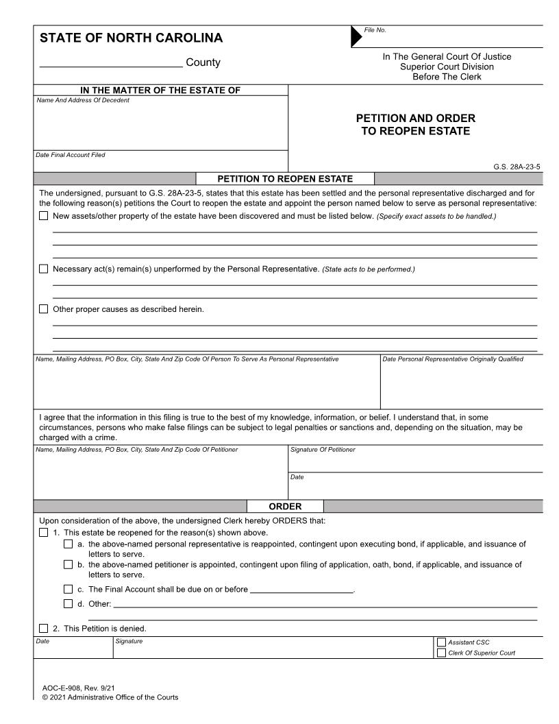 Petition And Order To Reopen Estate {E-908M} | Pdf Fpdf Doc Docx | North Carolina