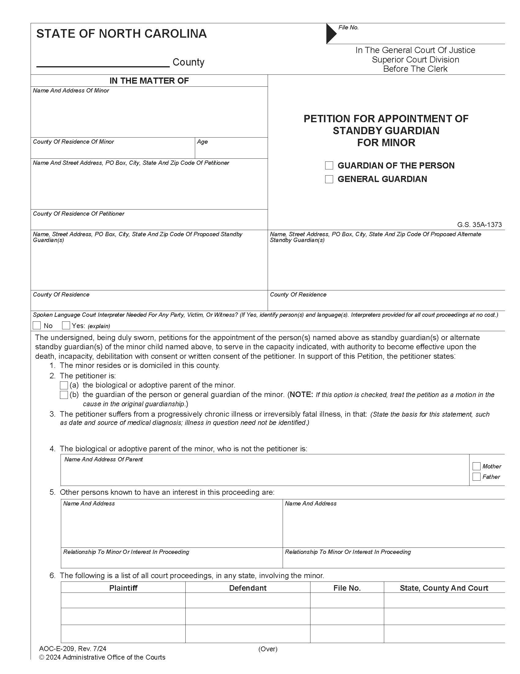 Petition For Appointment Of Standby Guardian For Minor {E-209} | Pdf Fpdf Docx | North Carolina