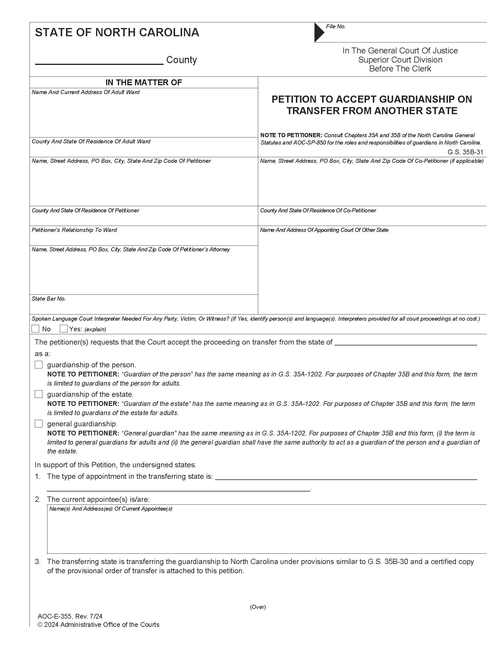 Petition To Accept Guardianship On Transfer From Another State {E-355} | Pdf Fpdf Docx | North Carolina