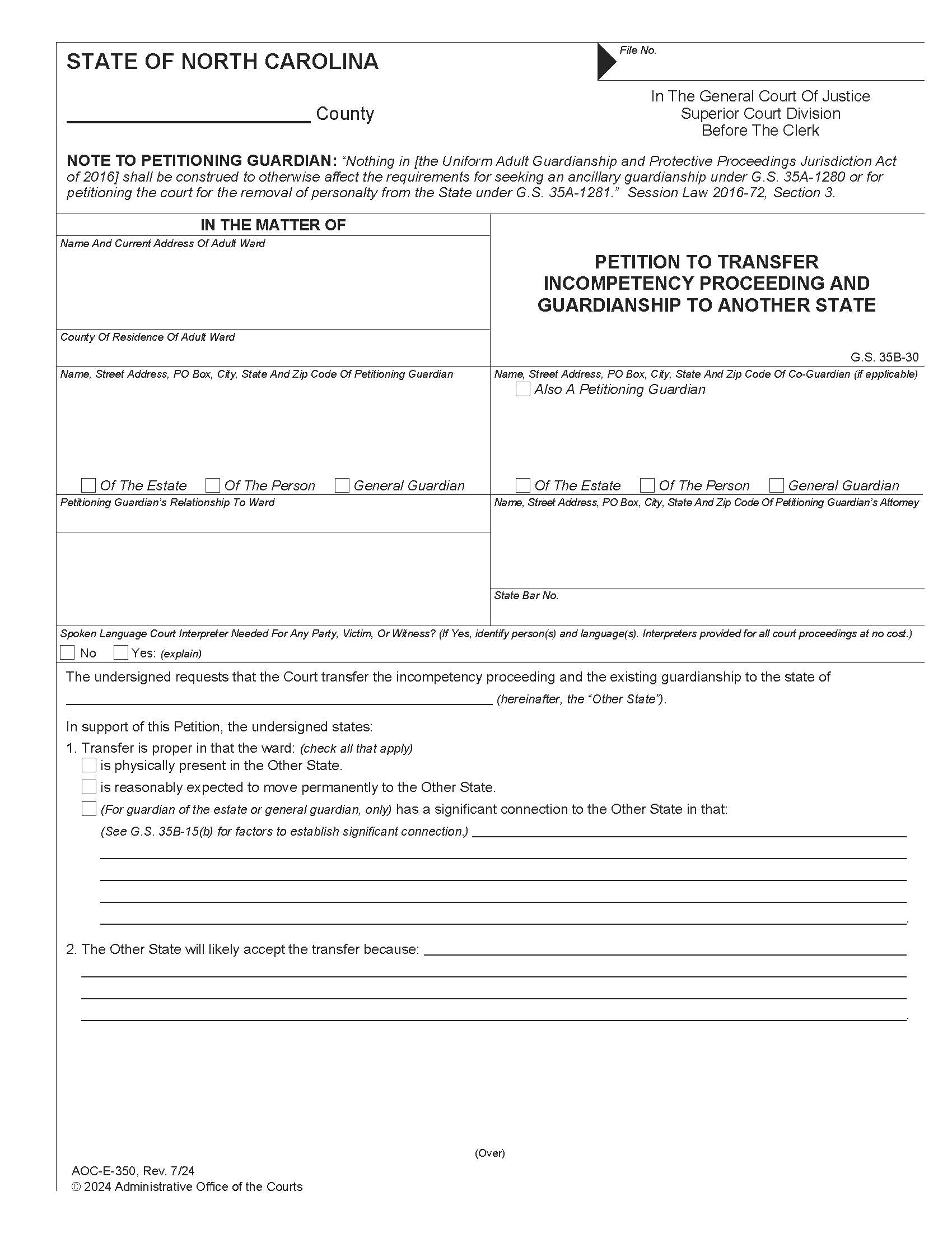 Petition To Transfer Incompetency Proceeding And Guardianship To Another State {E-350} | Pdf Fpdf Docx | North Carolina