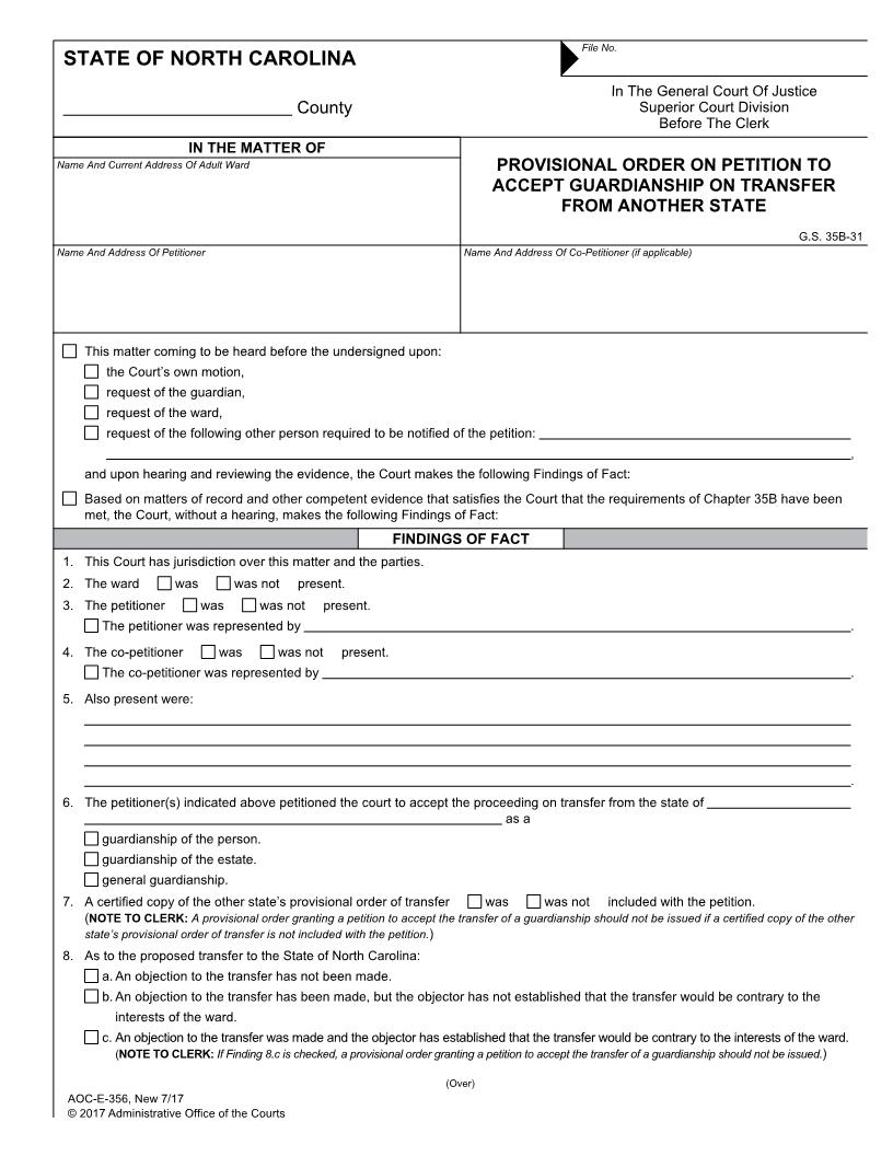 Provisional Order On Petition To Accept Guardianship On Transfer From Another State {E-356} | Pdf Fpdf Docx | North Carolina