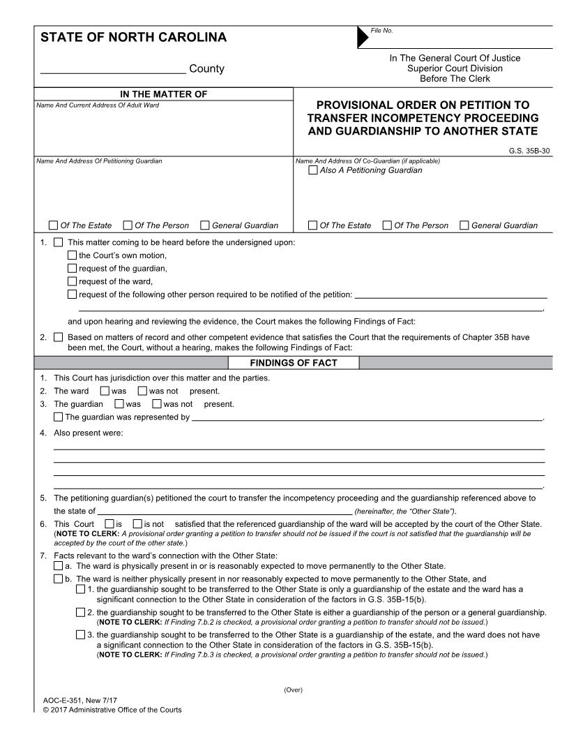 Provisional Order On Petition To Transfer Incompetency Proceeding And Guardianship To Another State {E-351} | Pdf Fpdf Docx | North Carolina