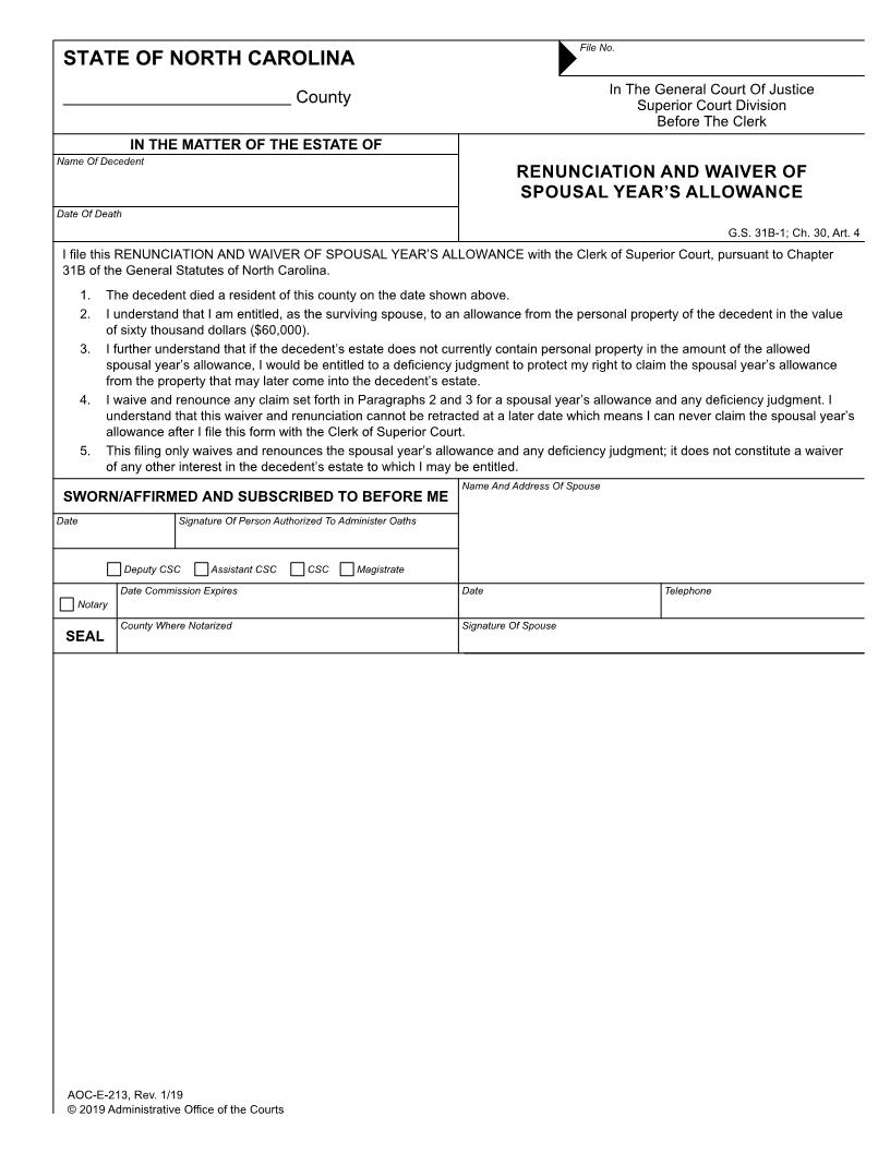 Renunciation And Waiver Of Spousal Years Allowance {E-213} | Pdf Fpdf Docx | North Carolina