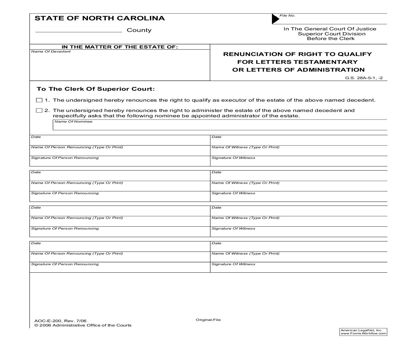 Renunciation Of Right To Qualify For Letters Testamentary Or Letters Of Administration {E-200} | Pdf Fpdf Doc Docx | North Carolina