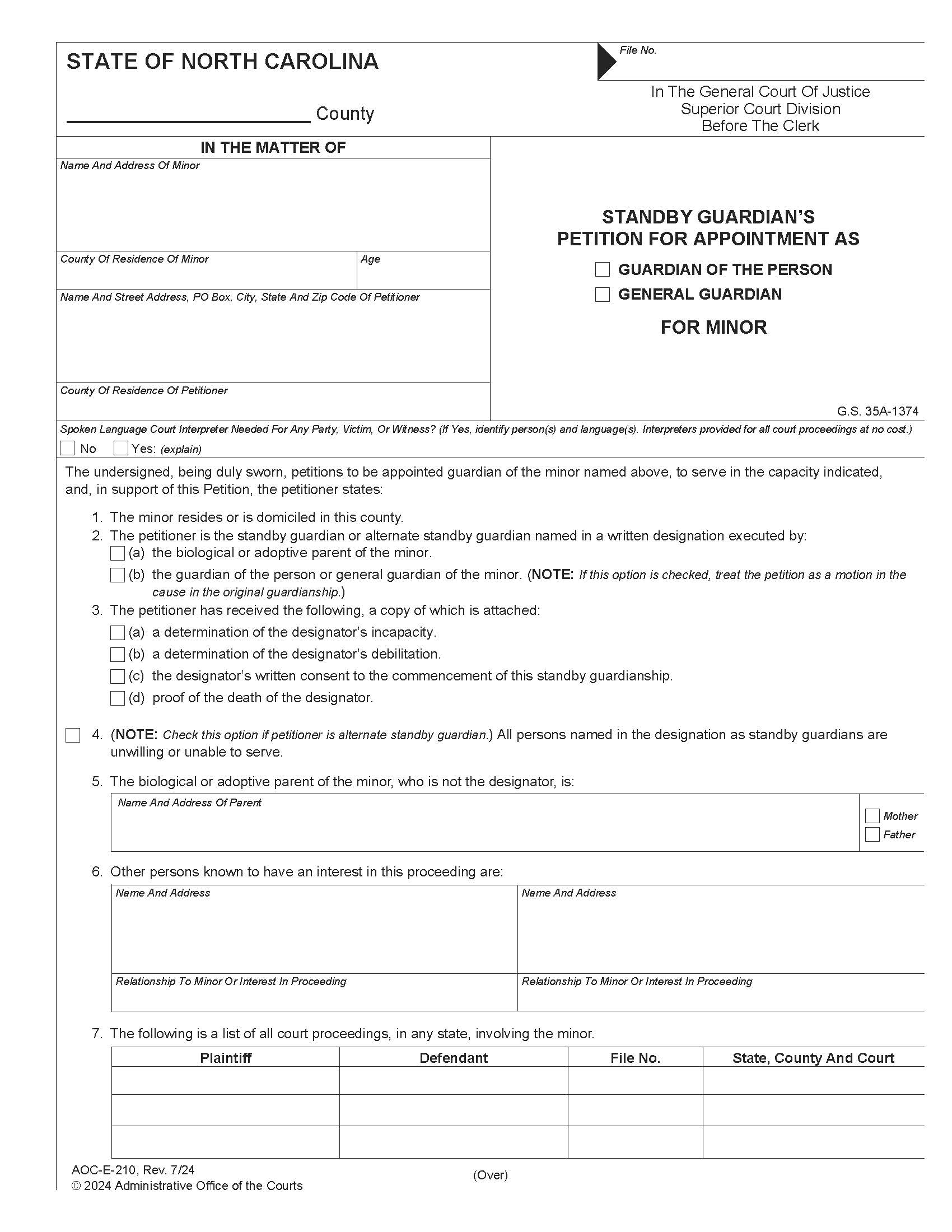 Standby Guardians Petition For Appointment As Guardian {E-210} | Pdf Fpdf Docx | North Carolina