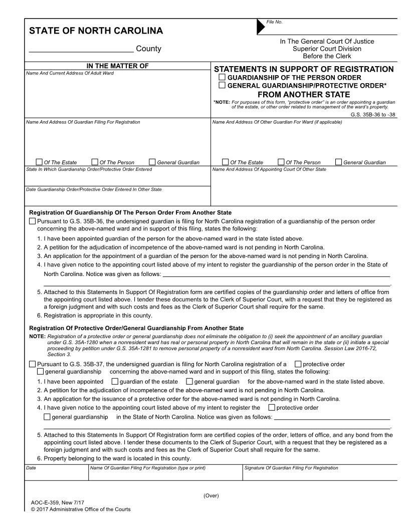Statements In Support Of Registration Of Guardianship From Another State {E-359} | Pdf Fpdf Docx | North Carolina