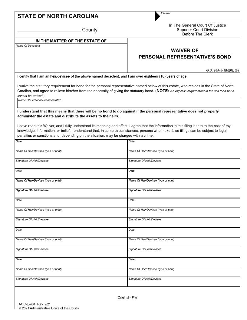 Waiver Of Personal Representatives Bond {E-404} | Pdf Fpdf Doc Docx | North Carolina