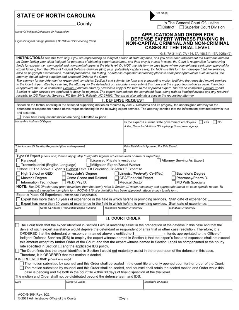 Application And Order For Defense Expert Witness Funding {G-309} | Pdf Fpdf Docx | North Carolina