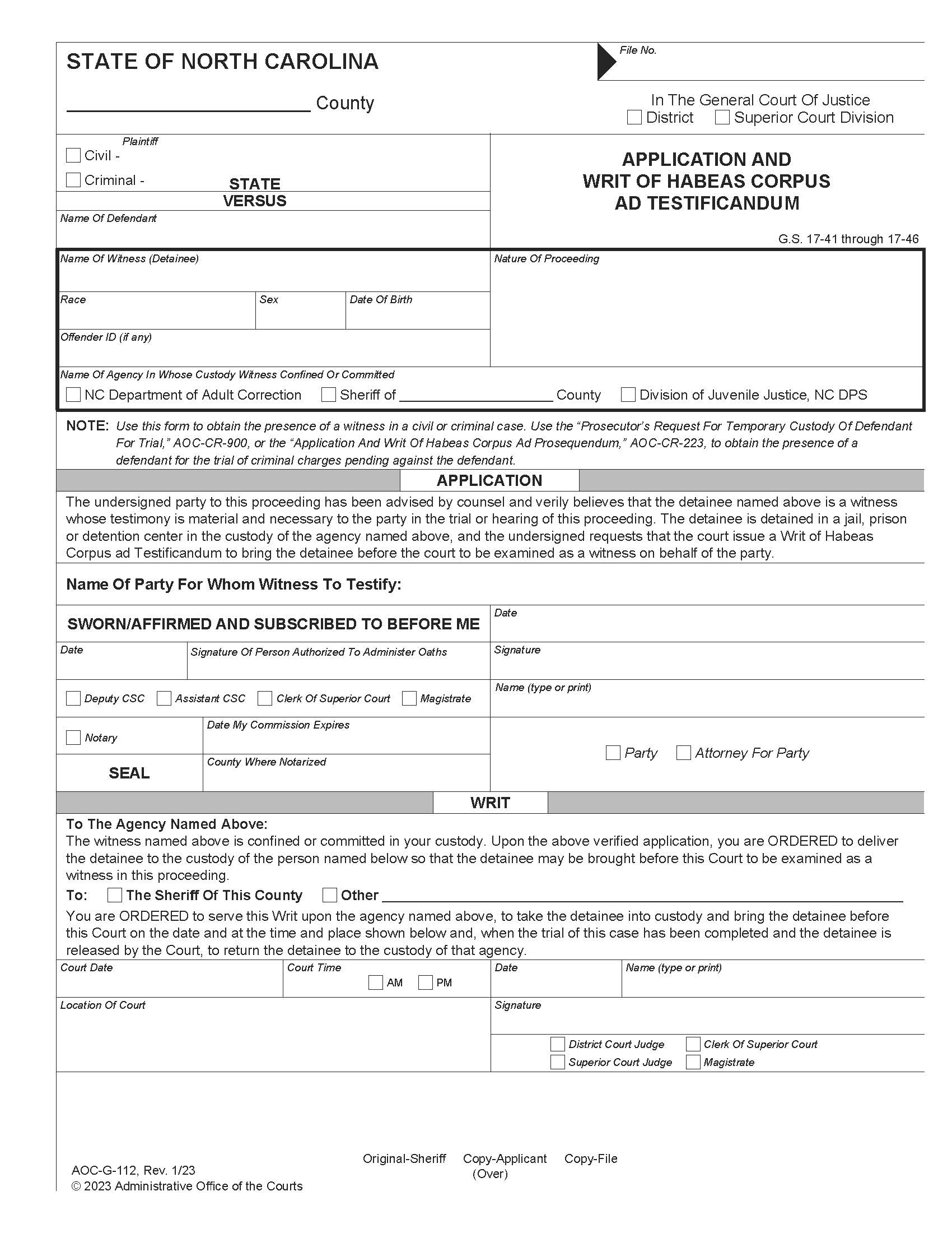 Application And Writ Of Habeas Corpus Ad Testificandum {G-112} | Pdf Fpdf Doc Docx | North Carolina