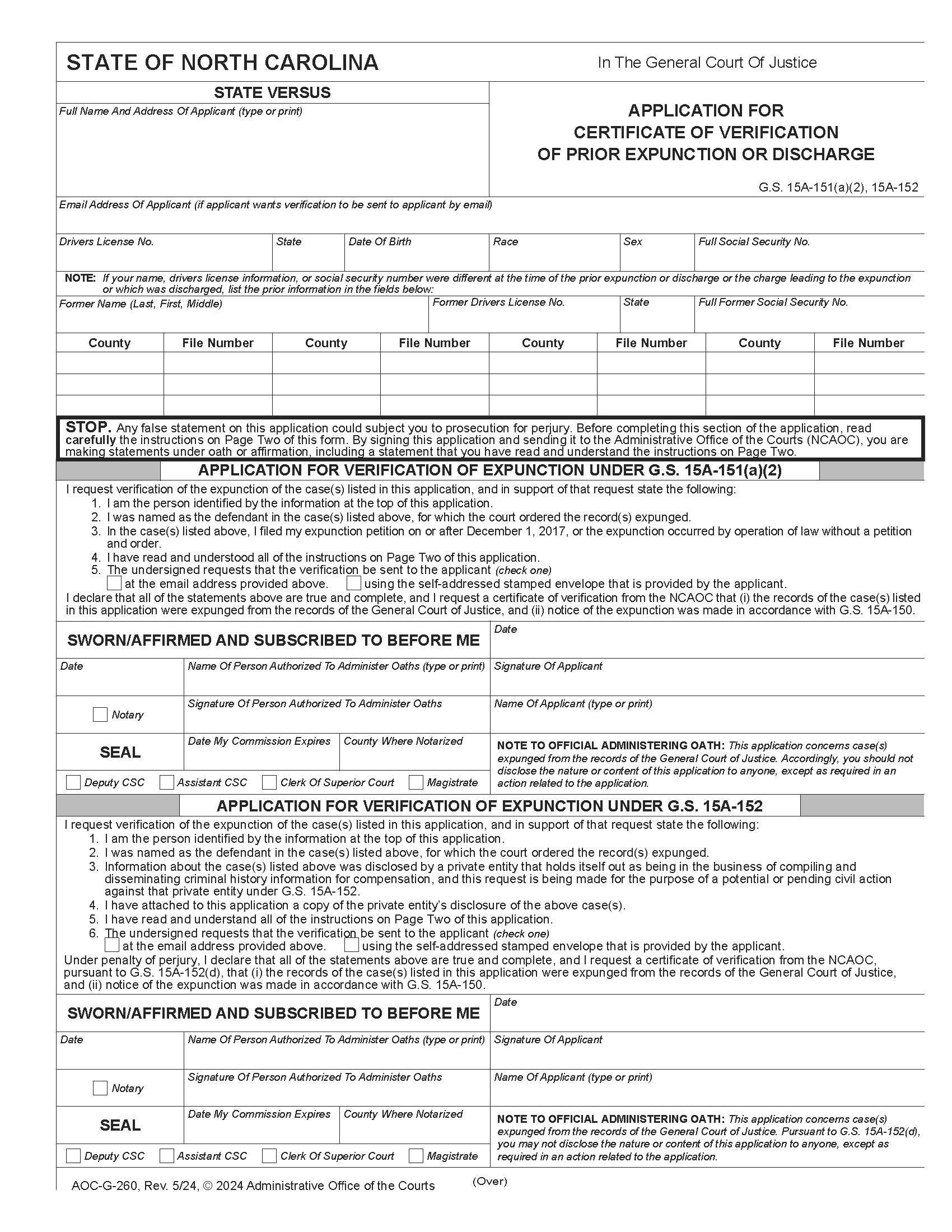 Application For Certificate Of Verification Of Prior Expunction {G-260} | Pdf Fpdf Docx | North Carolina