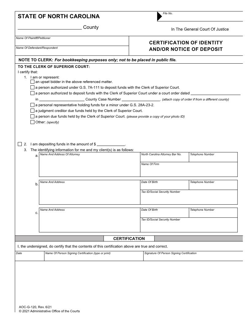 Certificate Of Identity And Or Notice Of Deposit {G-120} | Pdf Fpdf Docx | North Carolina