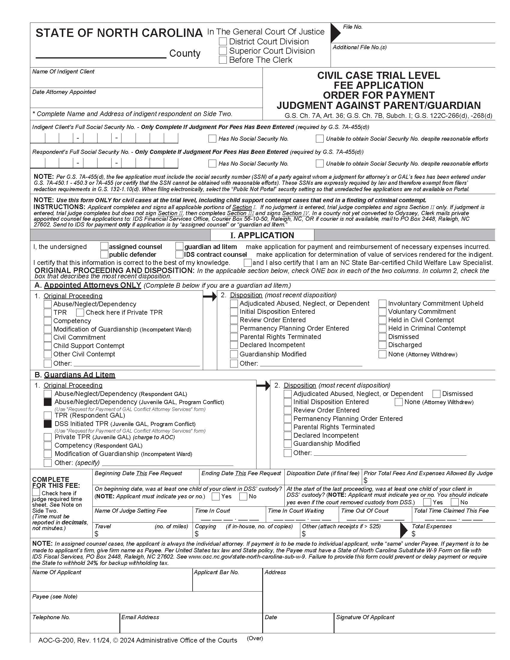 Civil Case Trial Level Fee Application Order For Payment Judgment Against Parent Or Guardian {G-200} | Pdf Fpdf Doc Docx | North Carolina