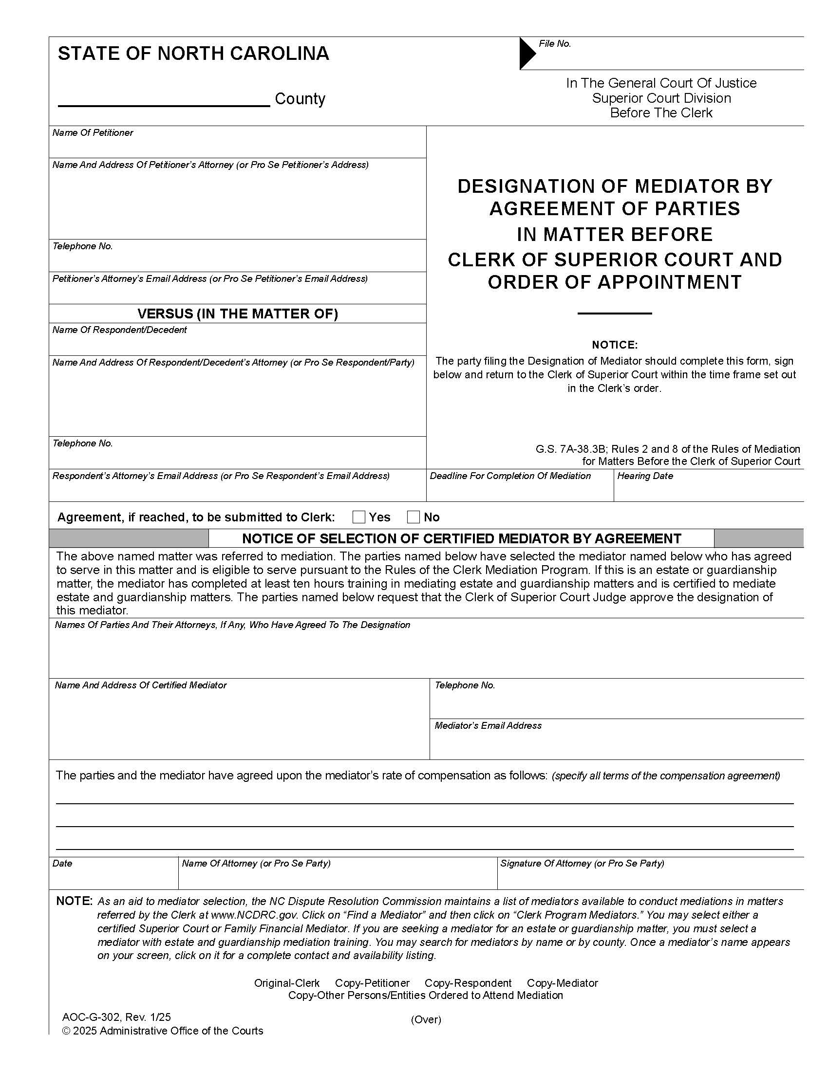 Designation Of Mediator In A Matter Before Clerk Of Superior Court {G-302} | Pdf Fpdf Docx | North Carolina