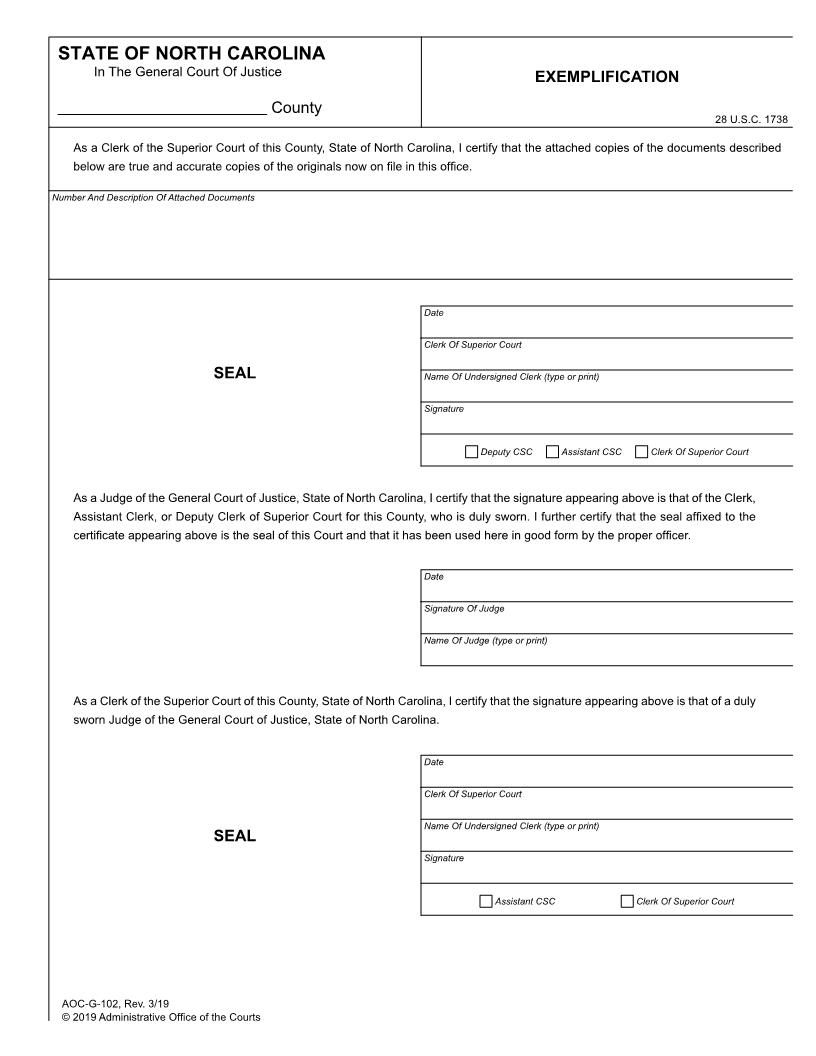 Exemplification {G-102} | Pdf Fpdf Doc Docx | North Carolina