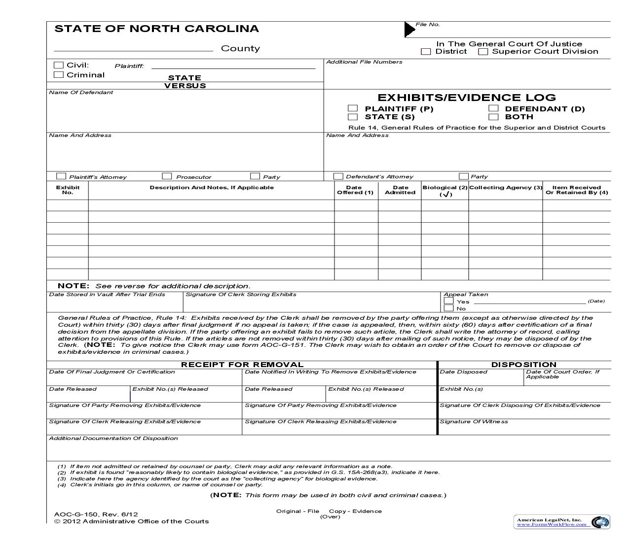 Exhibits Evidence Log {G-150} | Pdf Fpdf Doc Docx | North Carolina