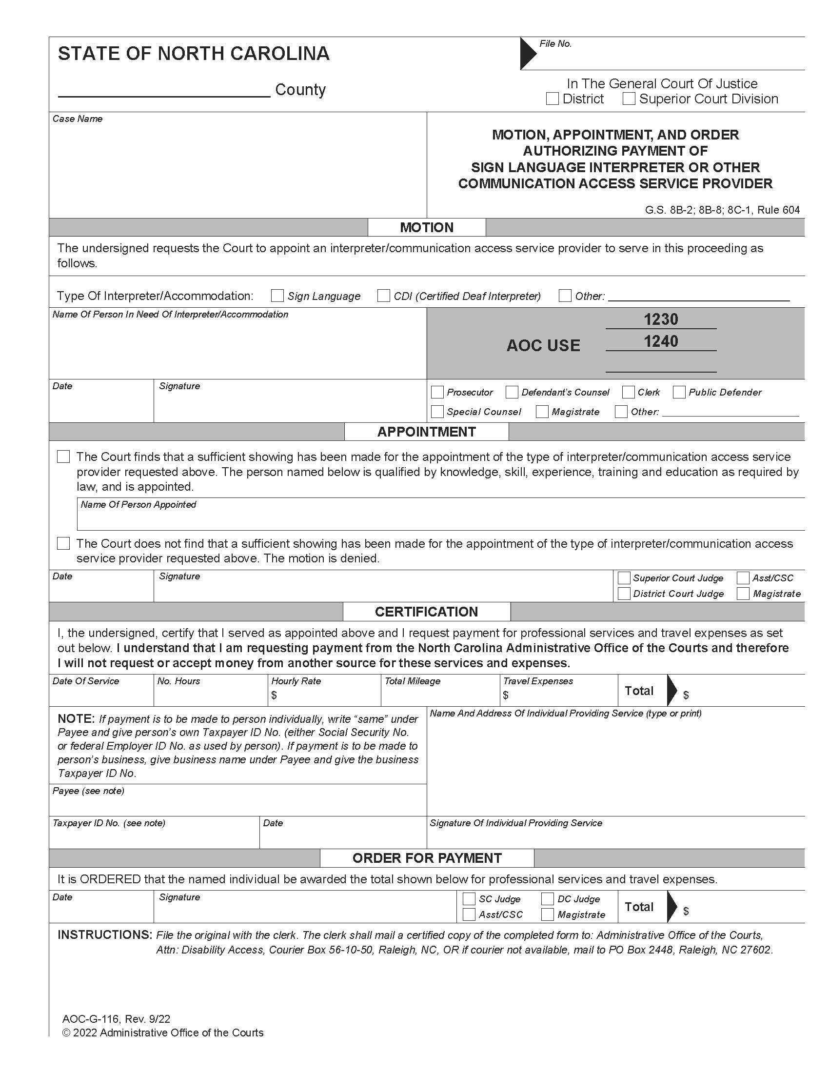 Motion Appointment And Order Authorizing Payment Of Sign Language Interpreter {G-116} | Pdf Fpdf Docx | North Carolina