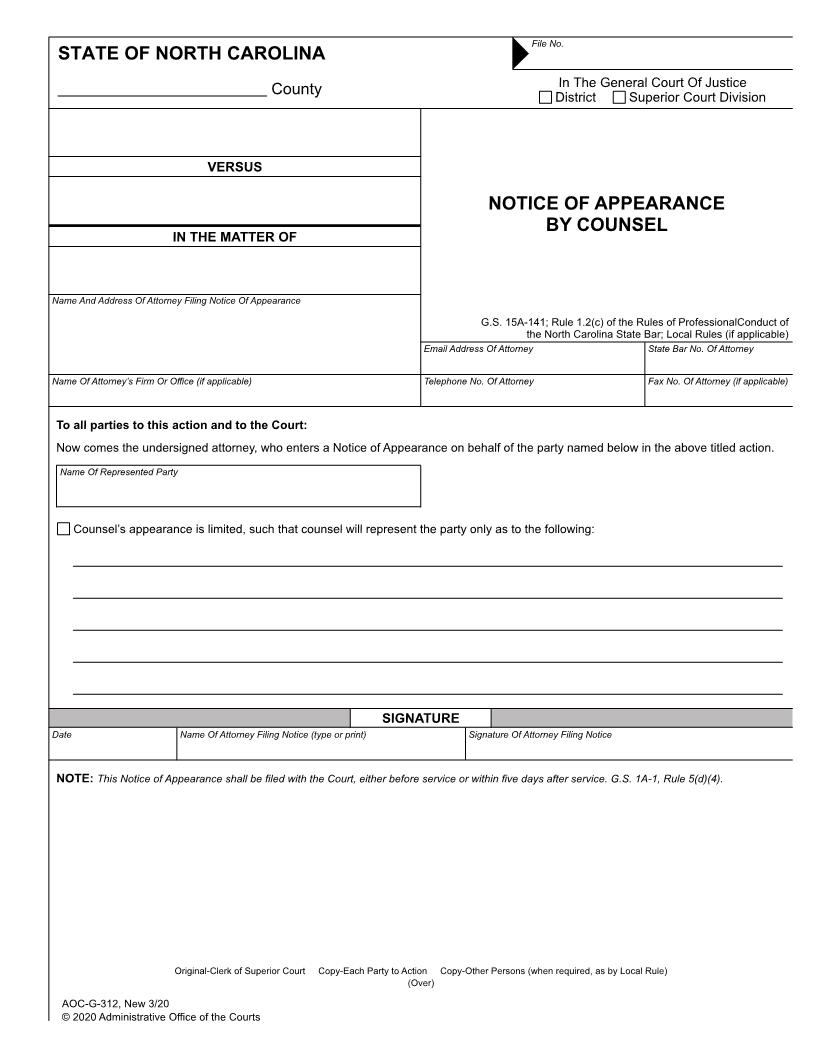 Notice Of Appearance By Counsel {G-312} | Pdf Fpdf Docx | North Carolina