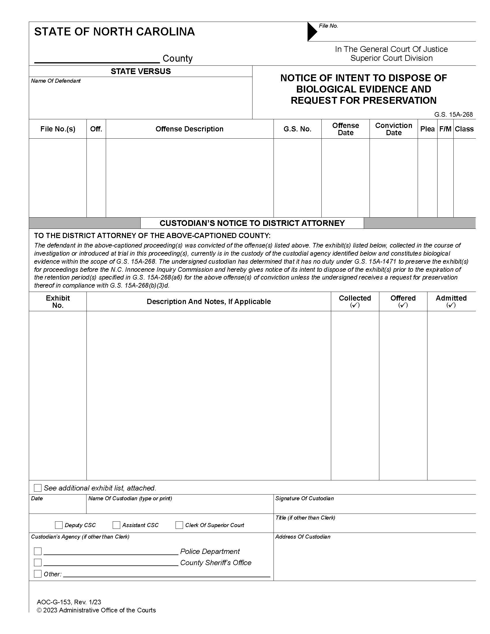 Notice Of Intent To Dispose Of Biological Evidence And Request For Preservation {G-153} | Pdf Fpdf Docx | North Carolina