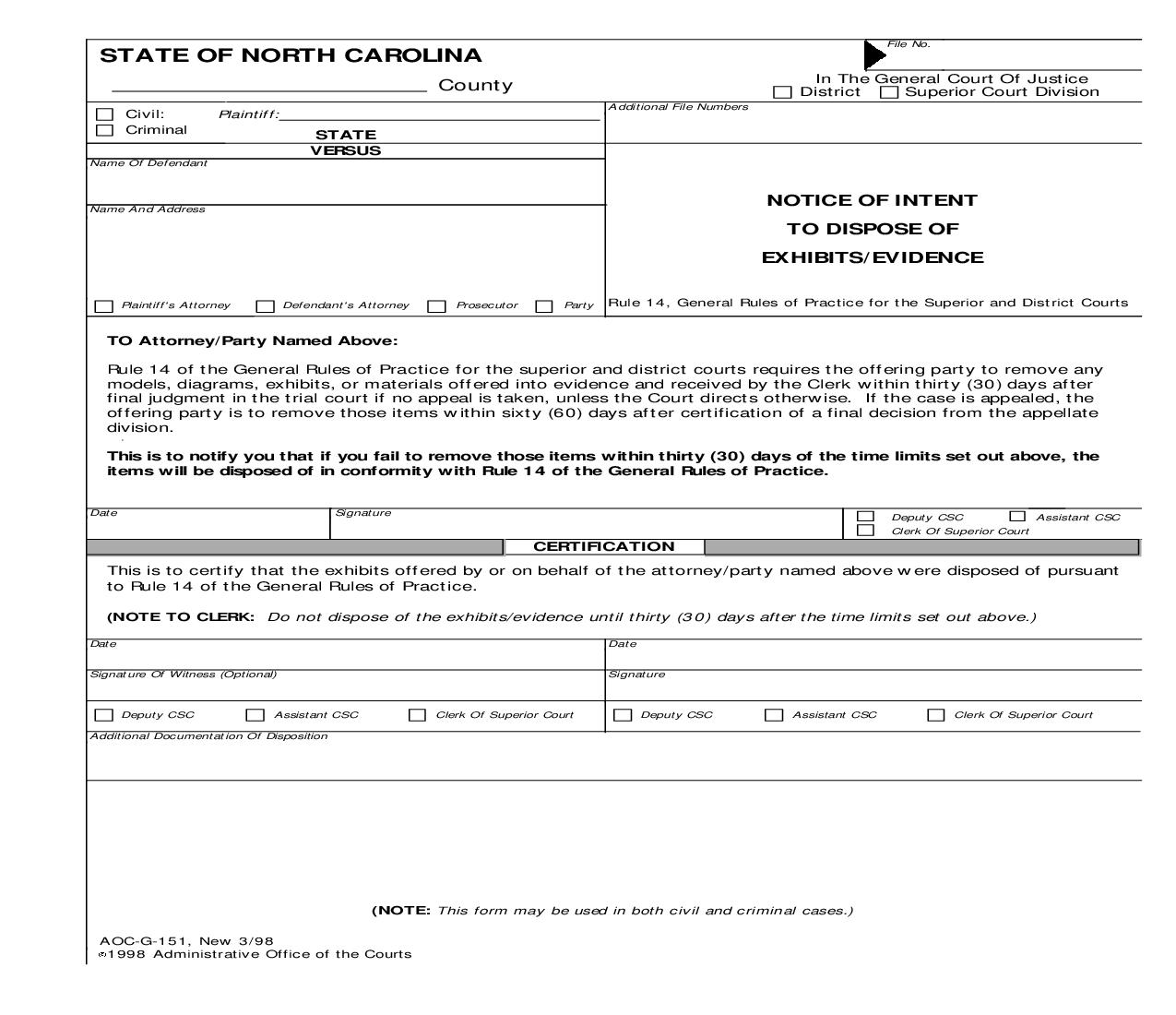 Notice Of Intent To Dispose Of Exhibits Evidence {G-151} | Pdf Fpdf Doc Docx | North Carolina