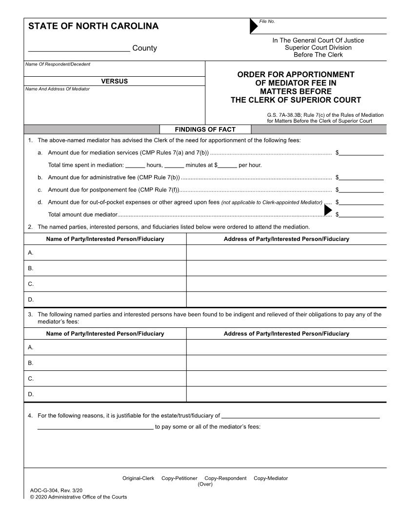 Order For Appointment Of Mediator Fee {G-304} | Pdf Fpdf Docx | North Carolina
