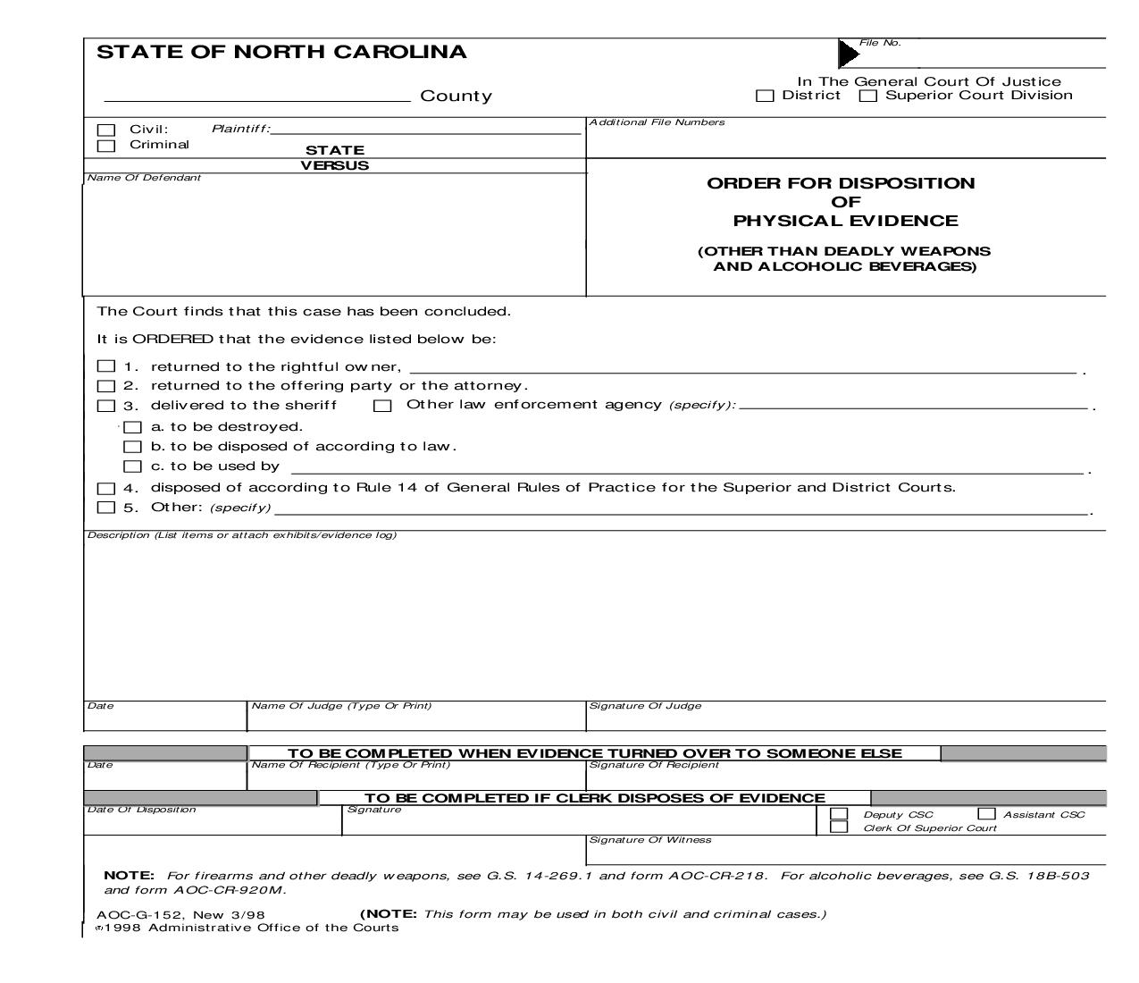 Order For Disposition Of Physical Evidence {G-152} | Pdf Fpdf Doc Docx | North Carolina