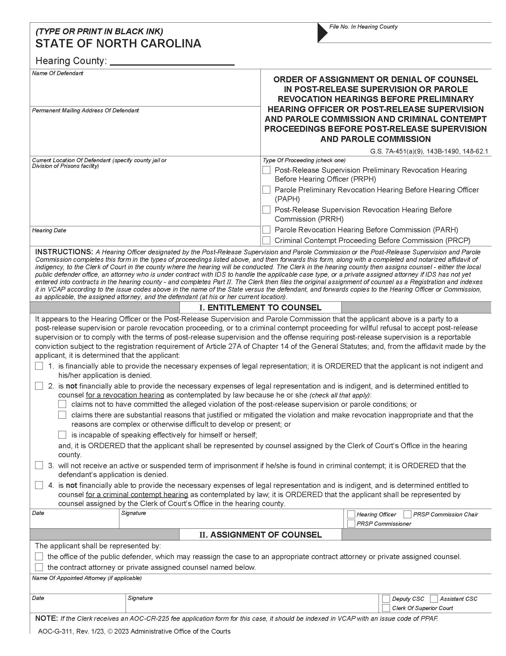 Order Of Assignment Or Denial Of Counsel In Post-Release Supervision Or Parole Revocation Hearings {G-311} | Pdf Fpdf Docx | North Carolina