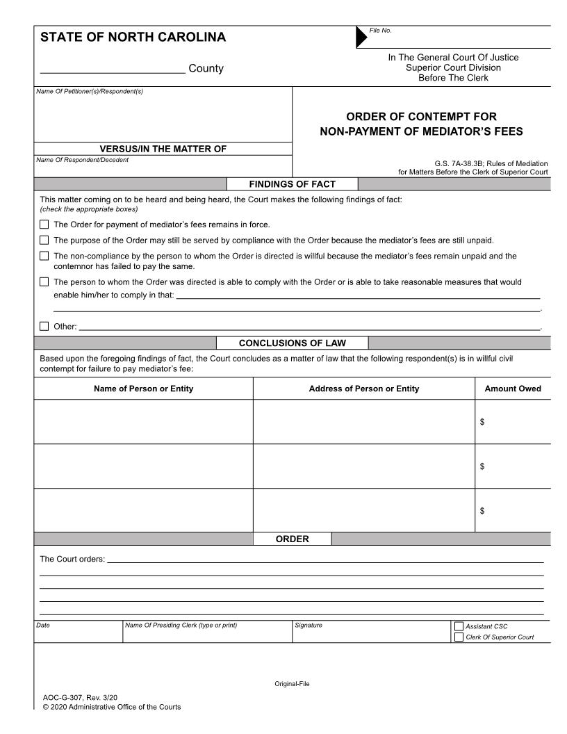 Order Of Contempt For Non-Payment Of Mediators Fees {G-307} | Pdf Fpdf Docx | North Carolina