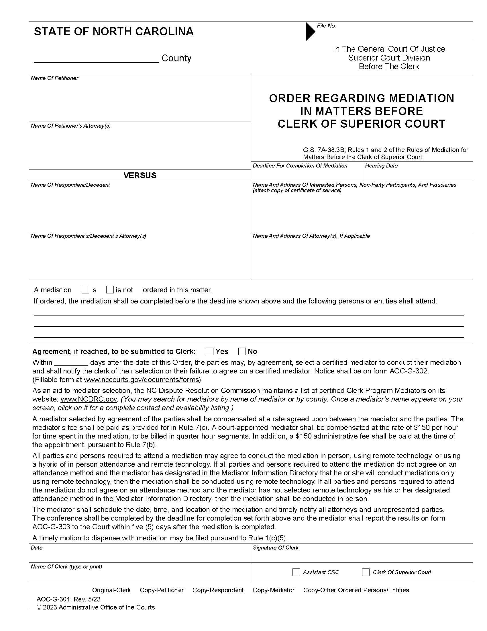 Order Regarding Mediation In Matters Before Clerk Of Superior Court {G-301} | Pdf Fpdf Docx | North Carolina