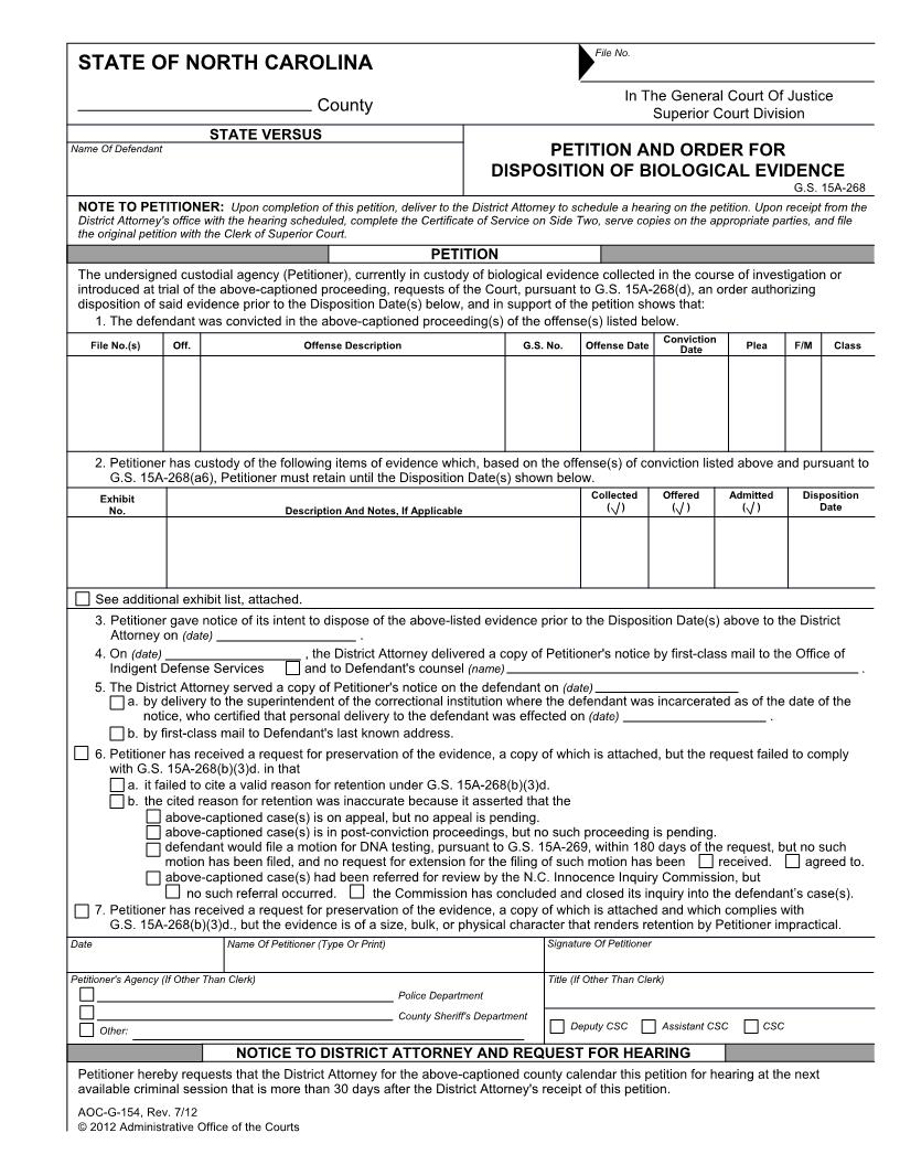 Petition And Order For Disposition Of Biological Evidence {G-154} | Pdf Fpdf Docx | North Carolina