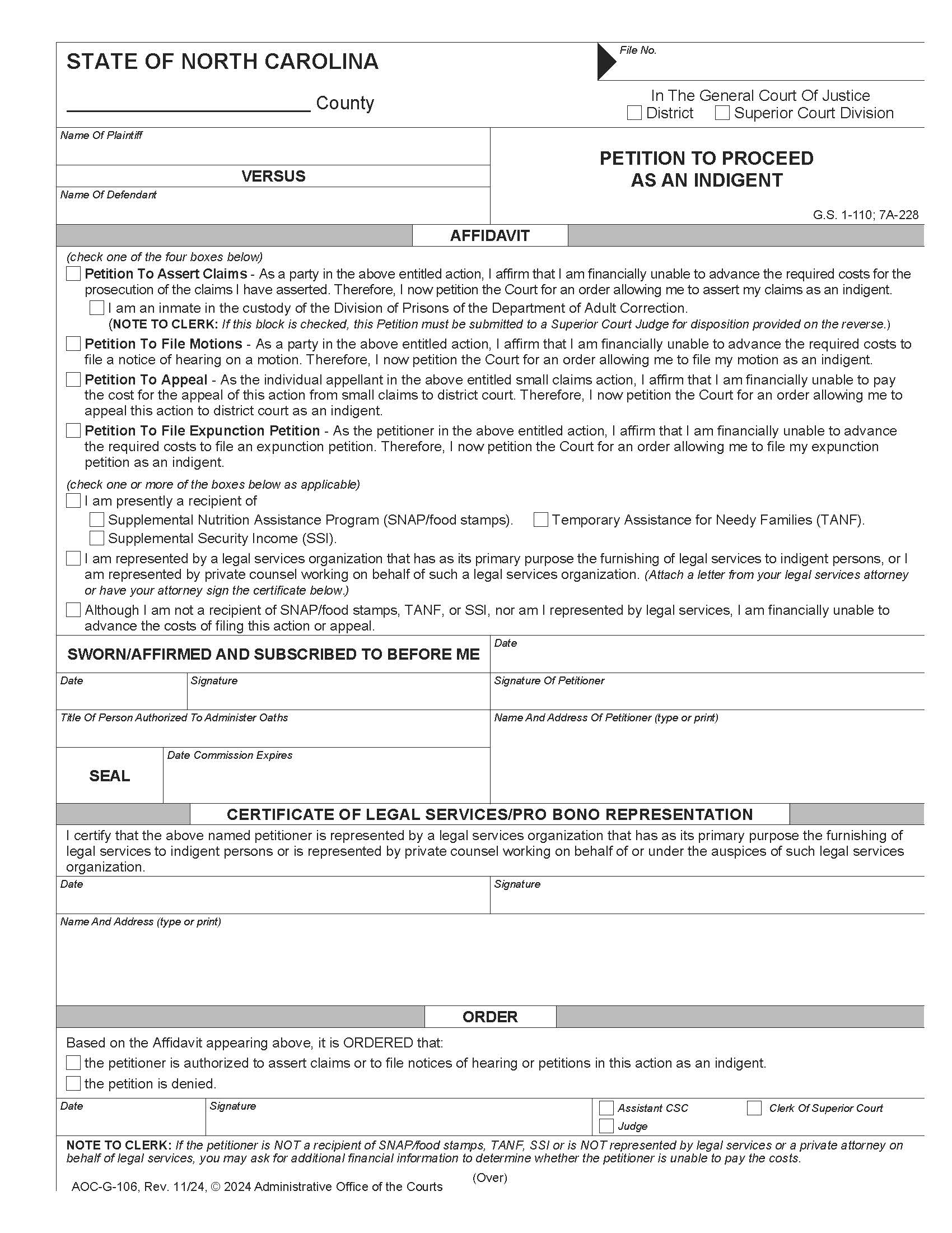 Petition To Sue Appeal As An Indigent {G-106} | Pdf Fpdf Docx | North Carolina