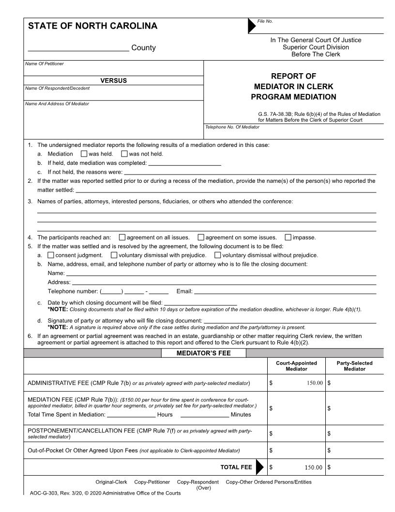 Report Of Mediator In Clerk Program Mediation {G-303} | Pdf Fpdf Docx | North Carolina