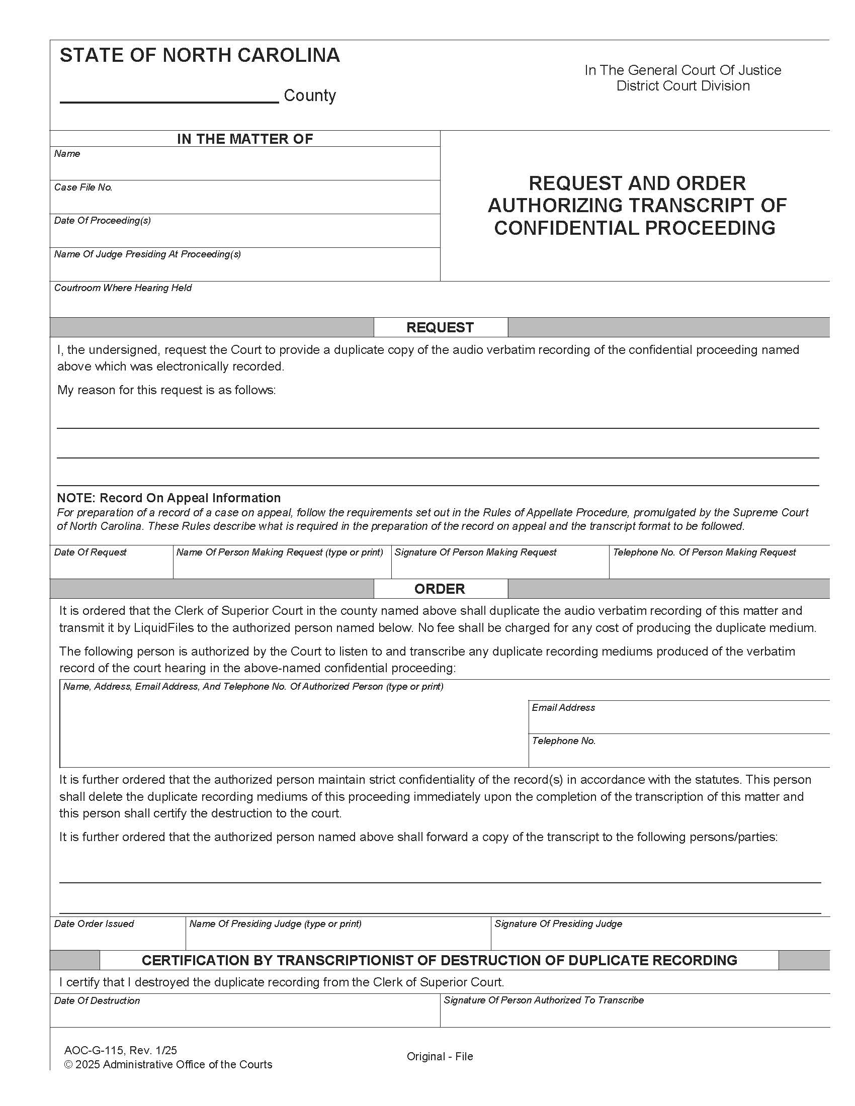 Request And Order For Authorizing Transcript Of Confidential Proceeding {G-115} | Pdf Fpdf Doc Docx | North Carolina