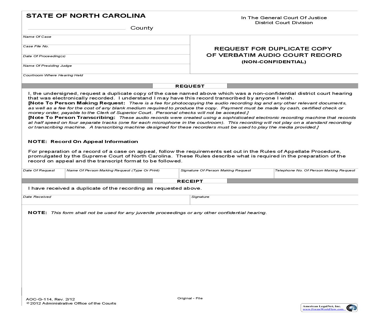 Request For Duplicate Copy Of Verbatim Audio Court Record Non Confidential {G-114} | Pdf Fpdf Doc Docx | North Carolina