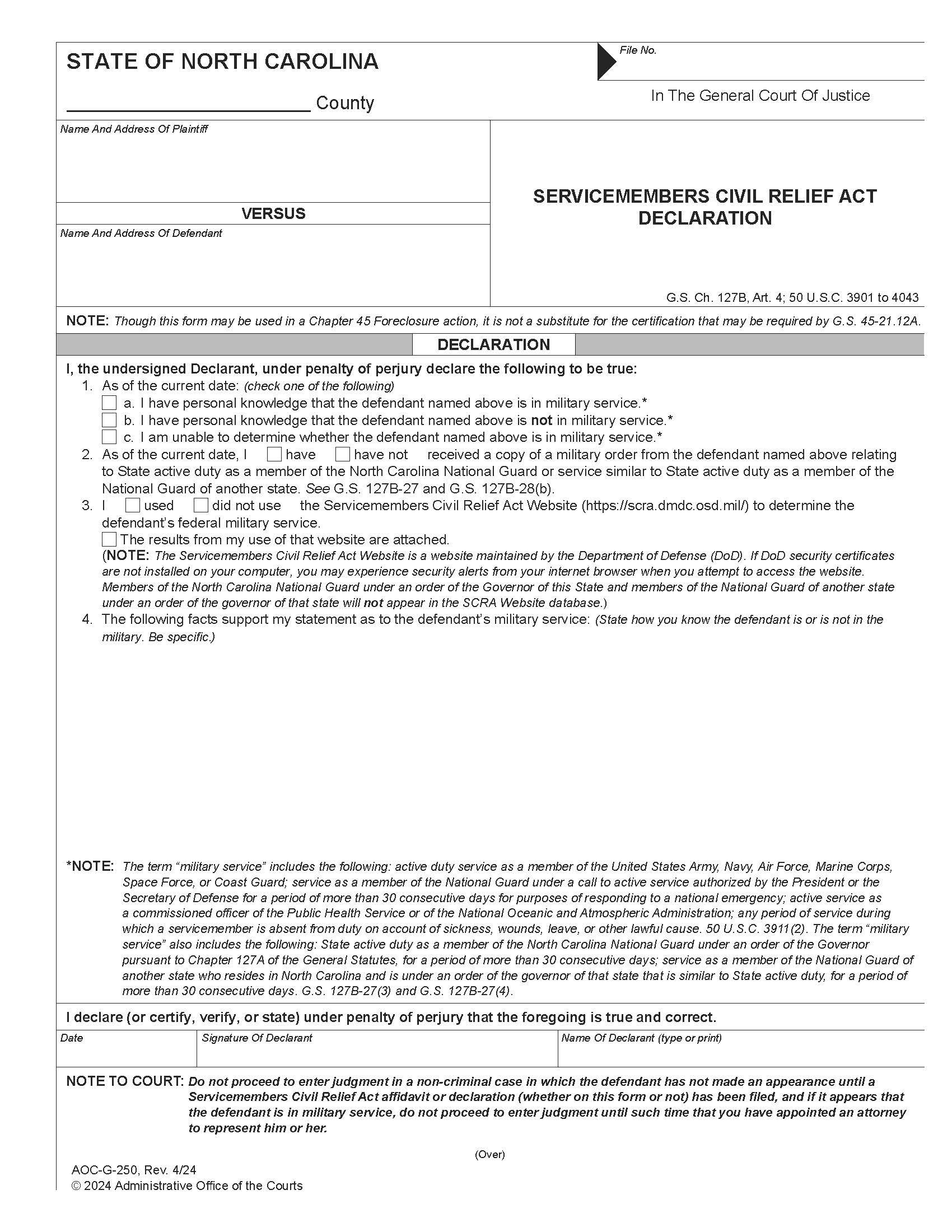 Servicemembers Civil Relief Act Affidavit {G-250} | Pdf Fpdf Docx | North Carolina
