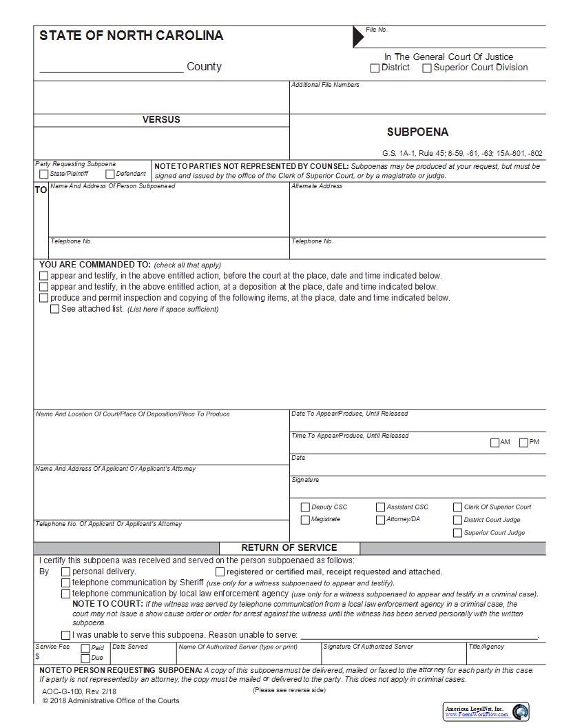 Subpoena {G-100} | Pdf Fpdf Docx | North Carolina