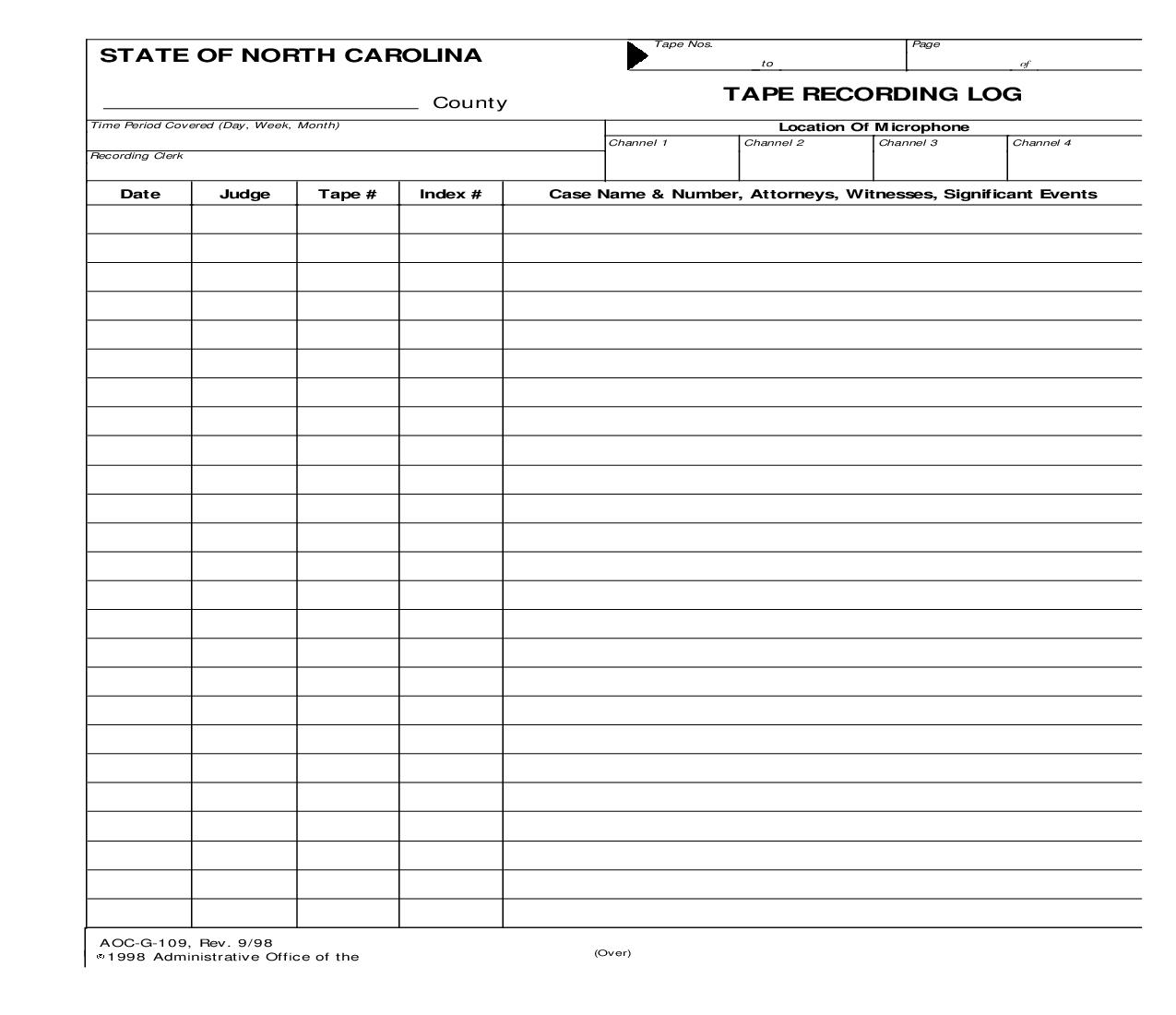 Tape Recording Log {G-109} | Pdf Fpdf Doc Docx | North Carolina