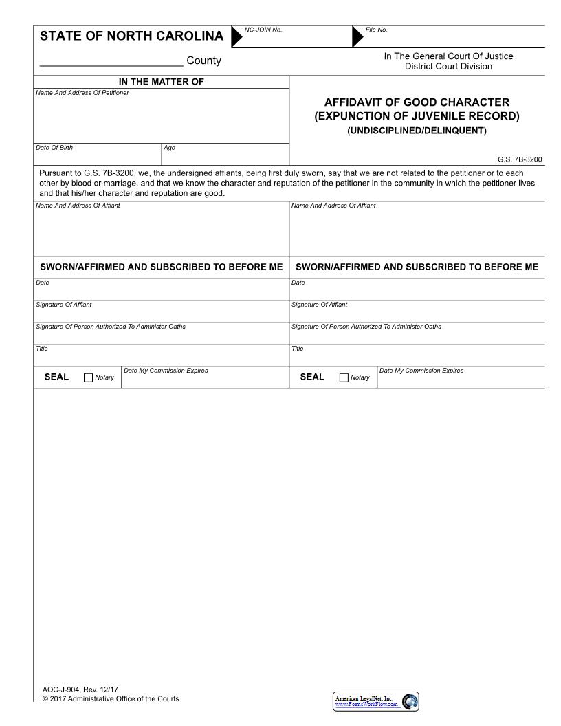 Affidavit Of Good Character And Behavior {J-904M} | Pdf Fpdf Docx | North Carolina