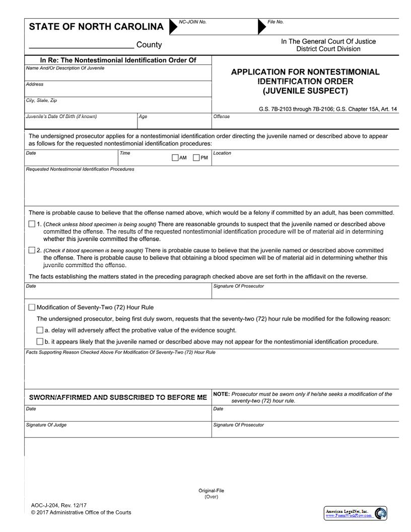Application For Nontestimonial Identification Order Juvenile Suspect {J-204} | Pdf Fpdf Docx | North Carolina